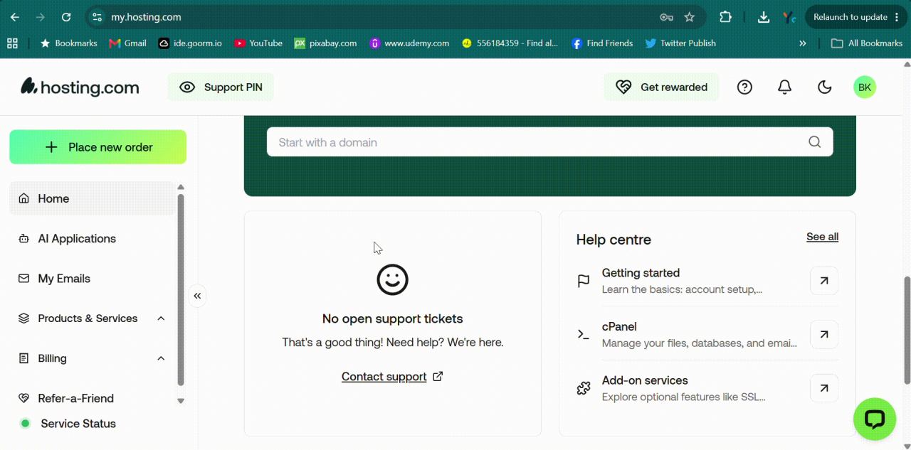 The Hosting.com client area, recorded during our hands-on test.