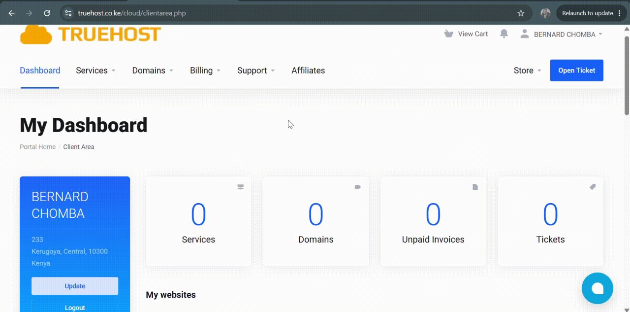 The Truehost client area, recorded during our hands-on test.